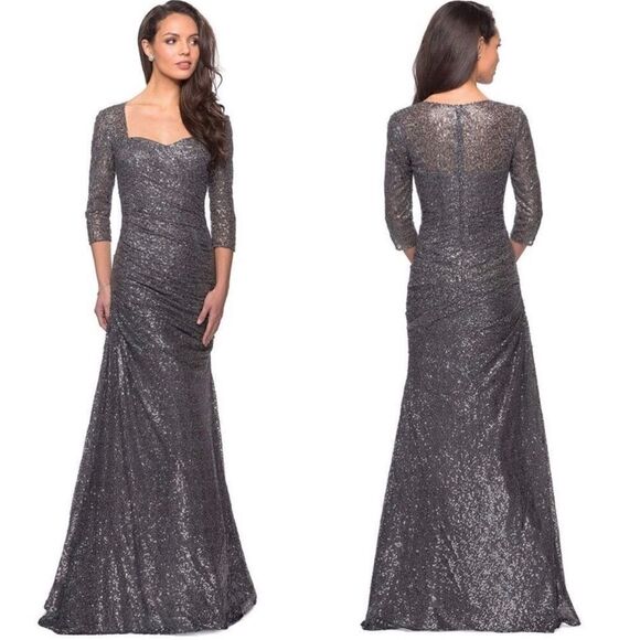 LA FEMME NWT Ruched Sparkling Sequin Trumpet Evening Gown in Gunmetal Size 2 - Picture 1 of 15